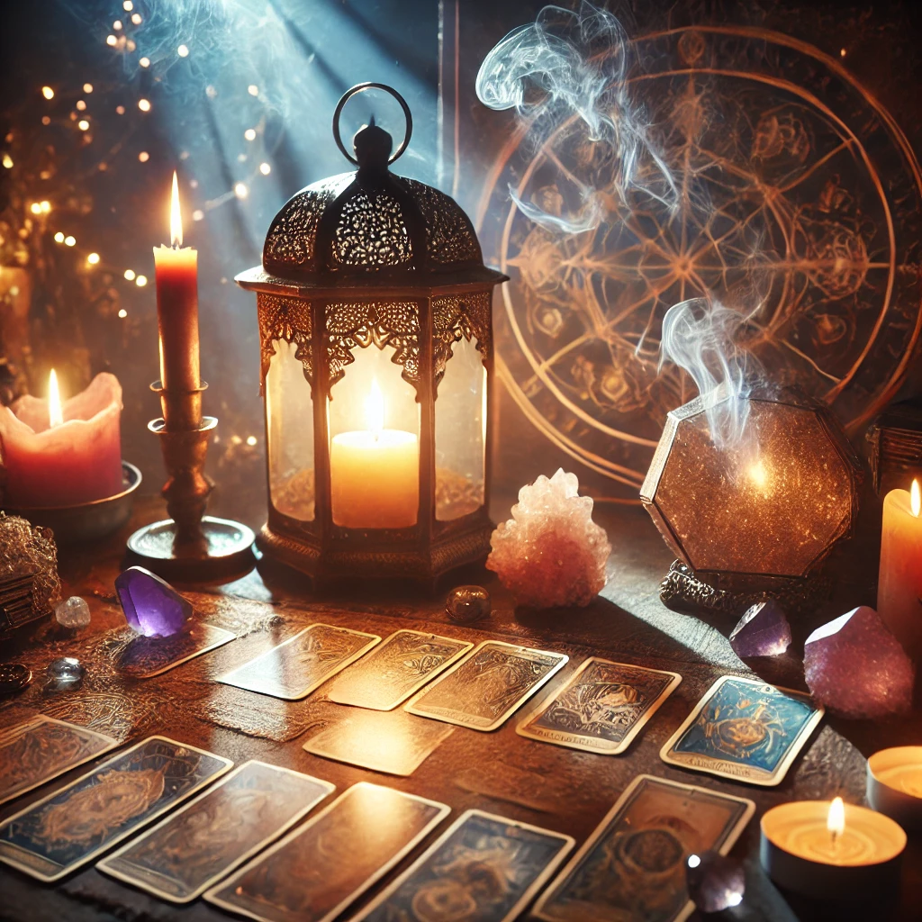 Cartas de tarot em mesa iluminada